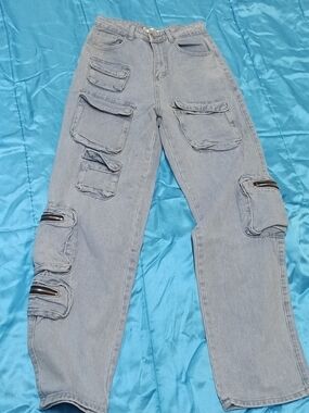 Light Blue TWOTWINSTYLE Cargo Pocket Jeans for Women